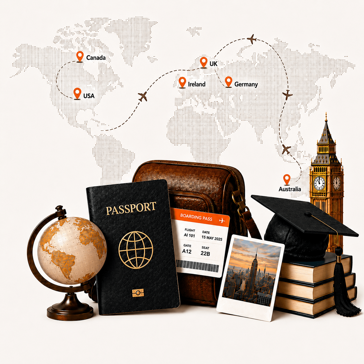 Global education and migration — passport, boarding pass, graduation cap and world map with destination markers